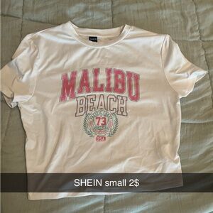 SHEIN White Tee with Pink Malibu Graphic